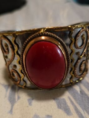 Hand Crafted Gold-Tone Cuff Bracelet with Red Stone